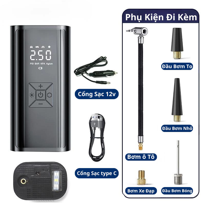 Bơm Xe Ô Tô,Xe Máy Xe Đạp Công Suất 100W 120W Máy Bơm Lốp Ô Tô Di Động Bánh Xe Không Dây