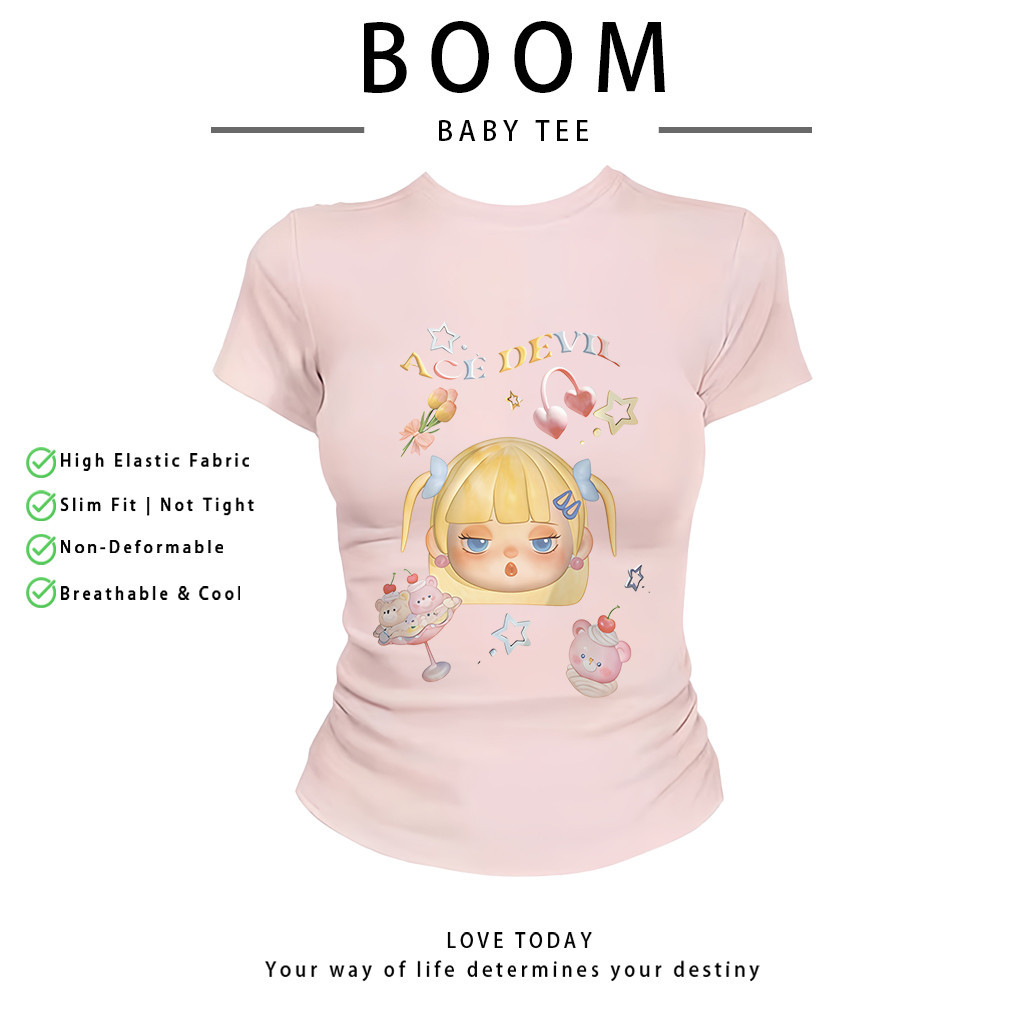 BOOM Áo Baby Tee Nữ Cotton Ôm Body-Áo Thun Ngắn Tay Y2K In Hình PhongCách Mùa Hè, Cổ Tròn Hàng Đầucách hàn quốc phongC41