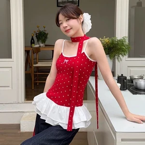 Phụ Nữ Thiết Kế Mùa Hè Phong Cách Ba Lê Đỏ Chấm Bi Nơ Camisole Khâu Xù Ruy Băng Top26031103