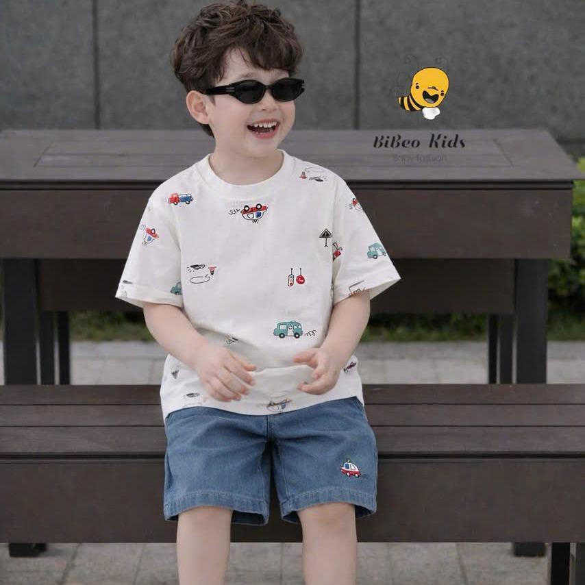 [BiBeo Kids]Bộ quần áo cộc tay BIỂN BÁO VÀ Ô TÔ quần Bò thêu áo chất COTTON 4 chiều siêu co giãn