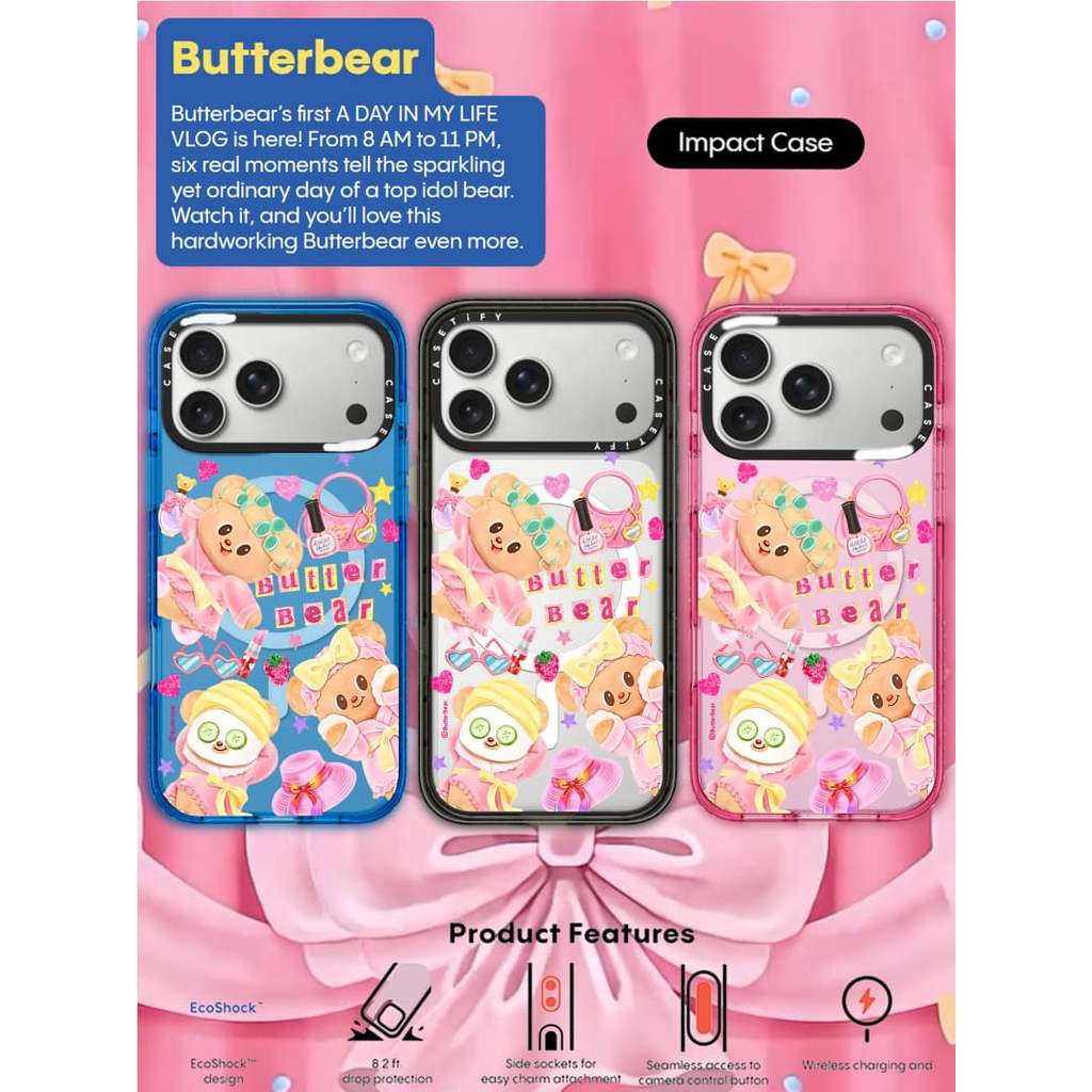 CASECASE X Butterbear at 8Am Ốp lưng Đen / Xanh da trời / Hồng Bộ sưu tập kẹo Fizz Màu sắc Rõ ràng Cứng Từ tính Hút tác động cho Apple IPhone 13 14 15 16 17Pro Max Plus Có hộp