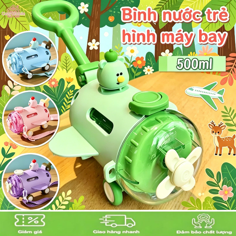 Bình nước hình máy bay cho trẻ em, làm từ chất liệu PC an toàn, chống rò rỉ, thiết kế thời trang.