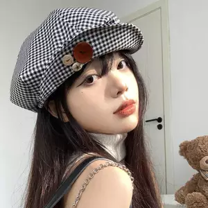 PNPIA- Retro Bật Lên Vành Nút Kẻ Sọc Mây Mũ Dành Cho Nữ Mùa Xuân Và Trắng Kẻ Sọc Beret Hình Bát Giác Mũ Họa Sĩ Văn Học