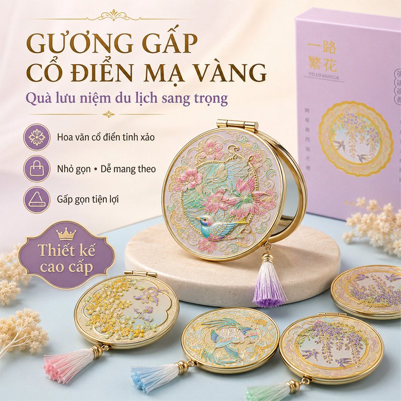 Gương Gấp Trang Điểm Cổ Trang Điệu Đà – Thiết Kế Hoa Lý, Quà Tặng Dễ Thương Cho Bạn Gái, Tặng Hộp Đẹp