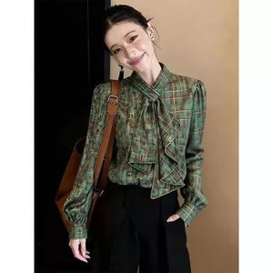 Phiên bản Hàn Quốc Áo sơ mi đơn có ve áo màu xanh thời trang dài tay dành cho nữ mùa xuân có dây buộc hẹp cao @