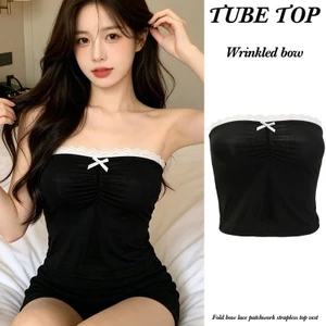 Mềm Mại Slim Phù Hợp Cho Ngày Đêm Tiệc Mùa Hè, Nữ Màu Đen Xếp Ly Nơ Ren Viền Dây Crop Top