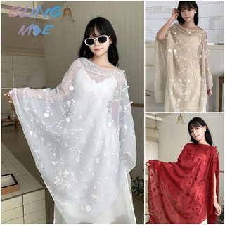 Khăn choàng thêu phong cách dân tộc có nút buộc, khăn đi biển chống nắng mùa hè mỏng, khăn lụa du lịch màu trắng dành cho nữ