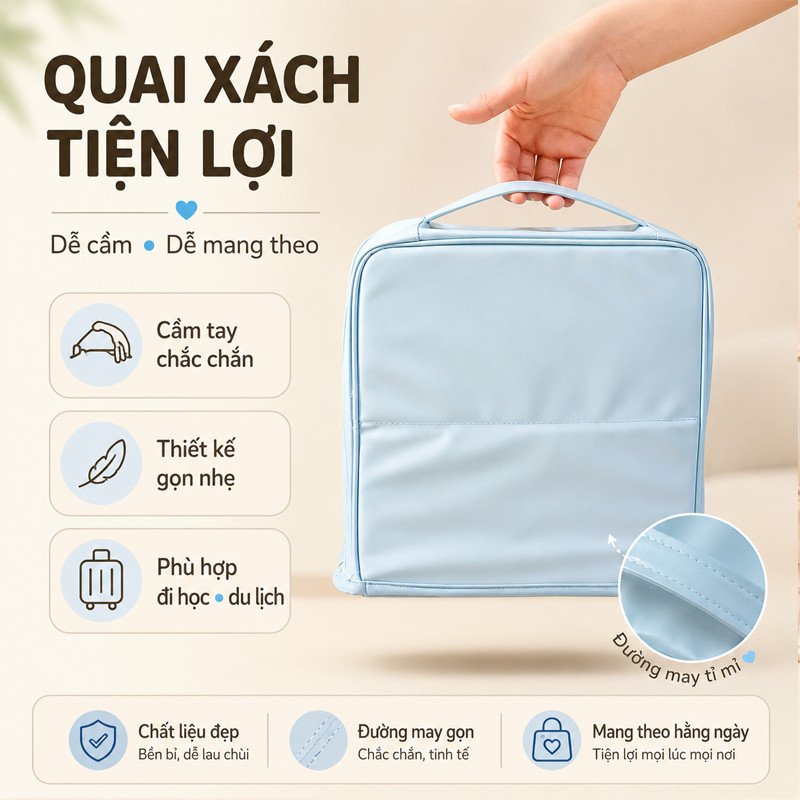Túi Đựng Bút & Mỹ Phẩm Đa Năng Di Động – Dung Tích Lớn, Phân Vùng, Chống Thấm, Kèm Gương, Quai Xách, Du Lịch
