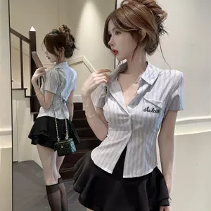 Pure Desire Classy Áo sơ mi sọc ngắn tay Niche thiết kế thêu mùa hè ngắn phù hợp