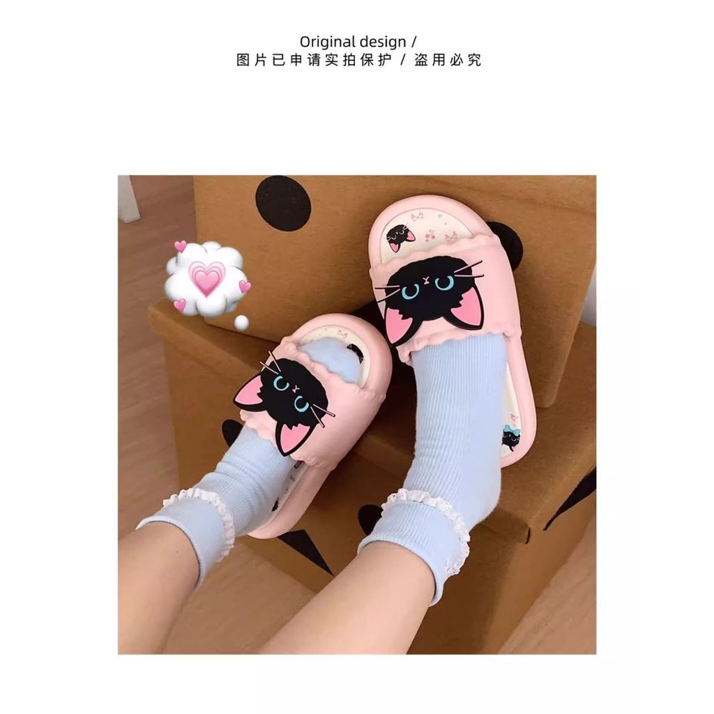 Dép xỏ ngón họa tiết mèo nhỏ màu đen dễ thương Phong cách mát mẻ chống trượt Đế mềm trong nhà ngoài trời kép-