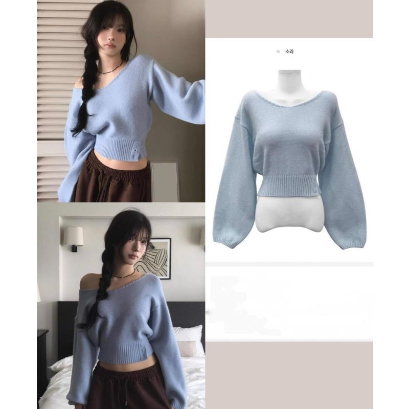 Áo Len Off-The-Shoulder Ngắn Phong Cách Hàn Quốc Cho Thu Đông, Sang Trọng và Thời Thượng