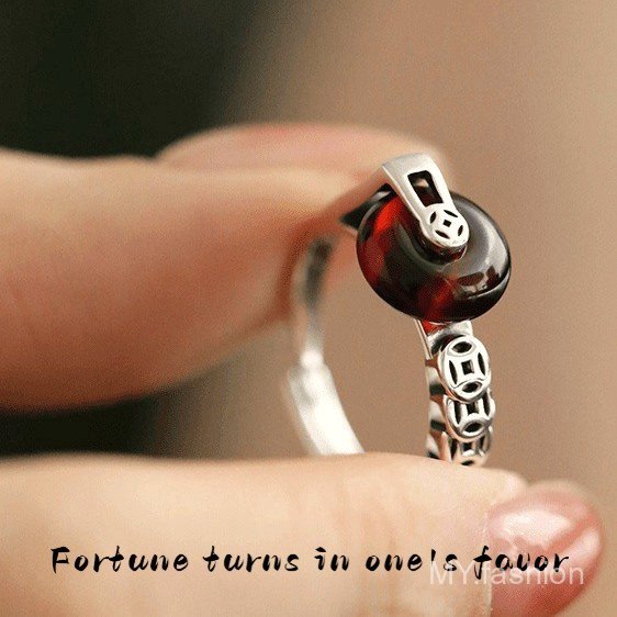Nhẫn nữ retro charm hợp kim, thiết kế an toàn với khóa amber đồng xu, phong cách cao cấp đơn giản