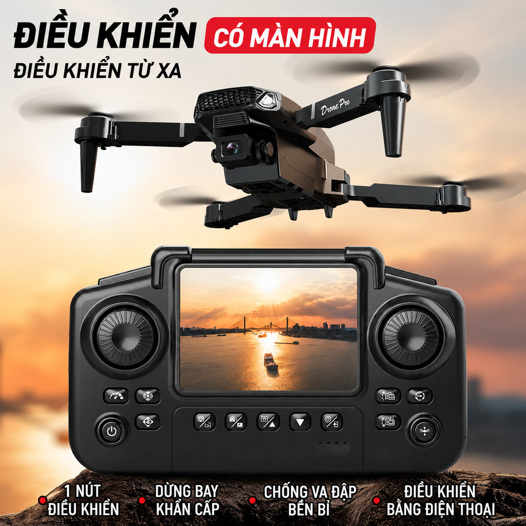Flycam MAX DRONE Camera Kép HD - Remote Có Màn Hình | Gấp Gọn + Tặng Full Phụ Kiện
