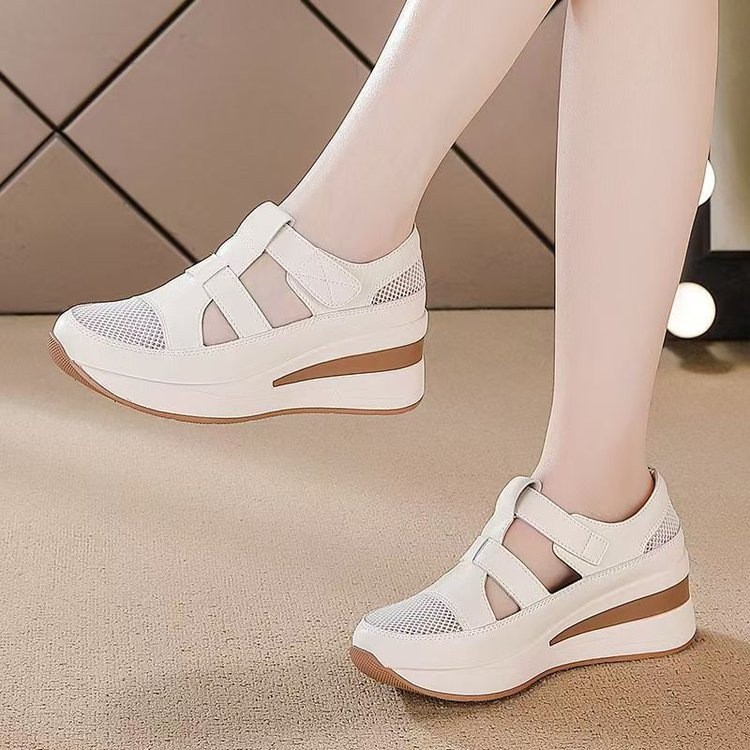 Nêm Gót Lưới Thoáng Khí Dép Nữ Mùa Hè Baotou La Mã Dép Đế Mềm Thoải Mái Giày Trắng RT0S