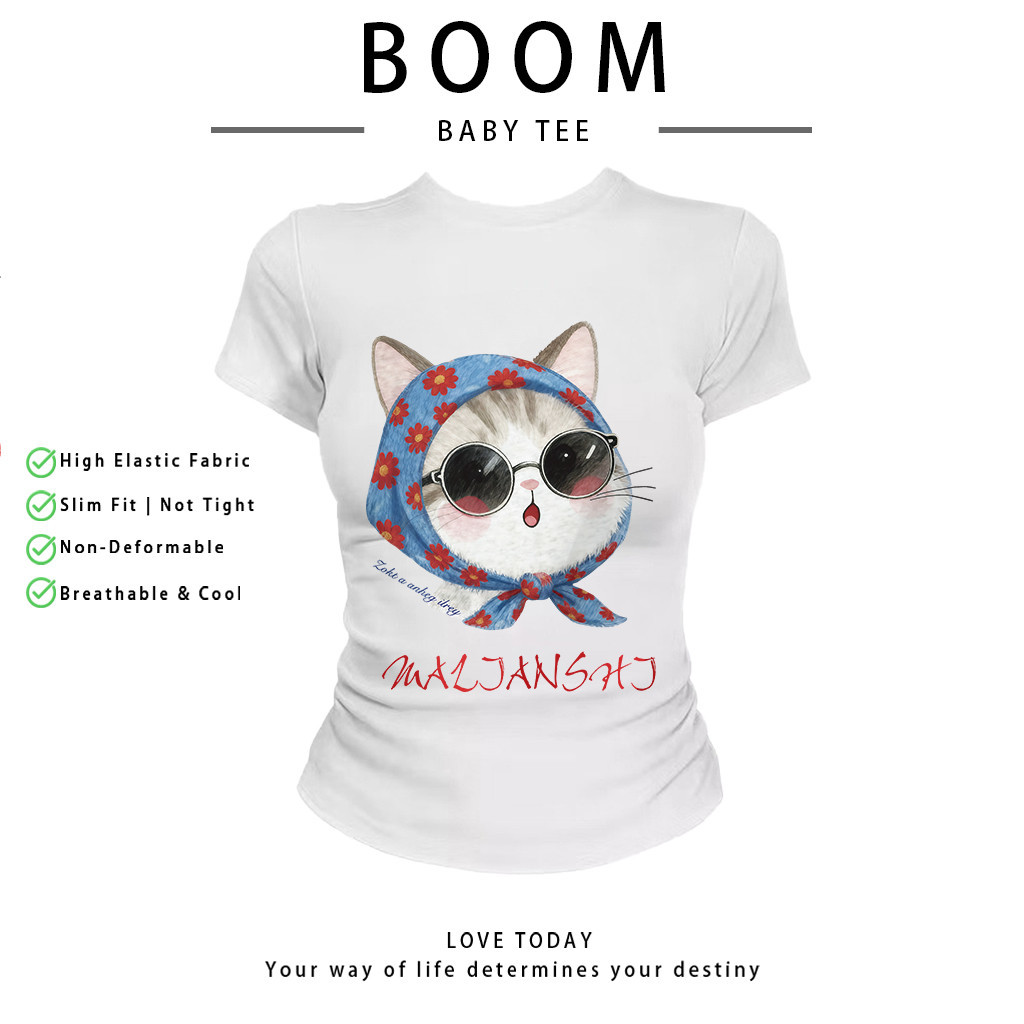 BOOM Áo Baby Tee Nữ Cotton Ôm Body-Áo Thun Ngắn Tay Y2K In Hình PhongCách Mùa Hè, Cổ Tròn Hàng Đầucách hàn quốc phongC37