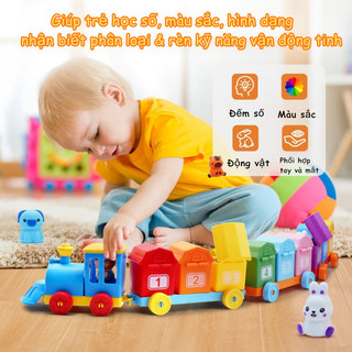 【BabyJoy】Bộ tàu hỏa trang trại Montessori,đồ chơi ghép cặp dạy số,màu sắc và hình khối,phát triển vận động tinh cho trẻ