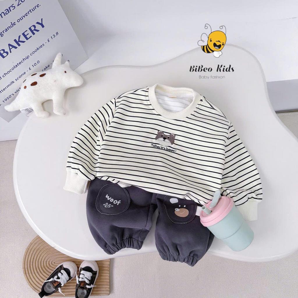 [BiBeo Kids] BỘ QUẦN ÁO NỈ KẺ NGANG TODAY HAPPYY THÊU GẤU cho bé , Bộ thể thao thu đông cho bé