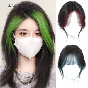 DELMER Clip-In Bangs Extension, Phần giữa Bộ tóc Topper tổng hợp tự nhiên, Fasion Highlighted Blue Closure Straight False Bang Tăng khối lượng tóc