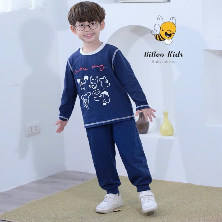[BiBeo Kids] Bộ quần áo thu đông dài tay IN HÌNH CÚN XÁM XANH THAN  cho bé trai , Bộ quần áo chất COTTON mềm