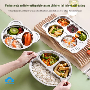 Đĩa ăn bằng thép không gỉ 304 dùng cho thực phẩm, đĩa ăn cho trẻ em, đĩa ăn chia ngăn hình hoạt hình.