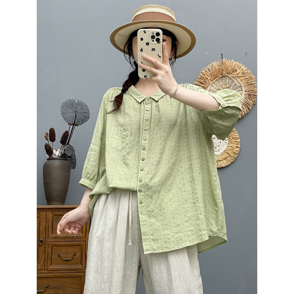 [Sẵn sàng] Áo sơ mi nữ 100% cotton chất lượng cao Áo sơ mi cotton bong bóng đơn giản mùa hè mới màu trơn Áo sơ mi ngắn tay đa năng