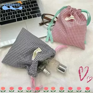 Túi đựng mỹ phẩm EBINLANDS, Đơn giản với túi trang điểm son môi dây rút, Túi đựng hoa văn ca rô dung tích lớn dành cho nữ