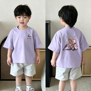 (Từ 2-12 tuổi) Áo thun ngắn tay 100% cotton cho bé trai, họa tiết hoạt hình (Kỳ lân, Gundam), cổ tròn.