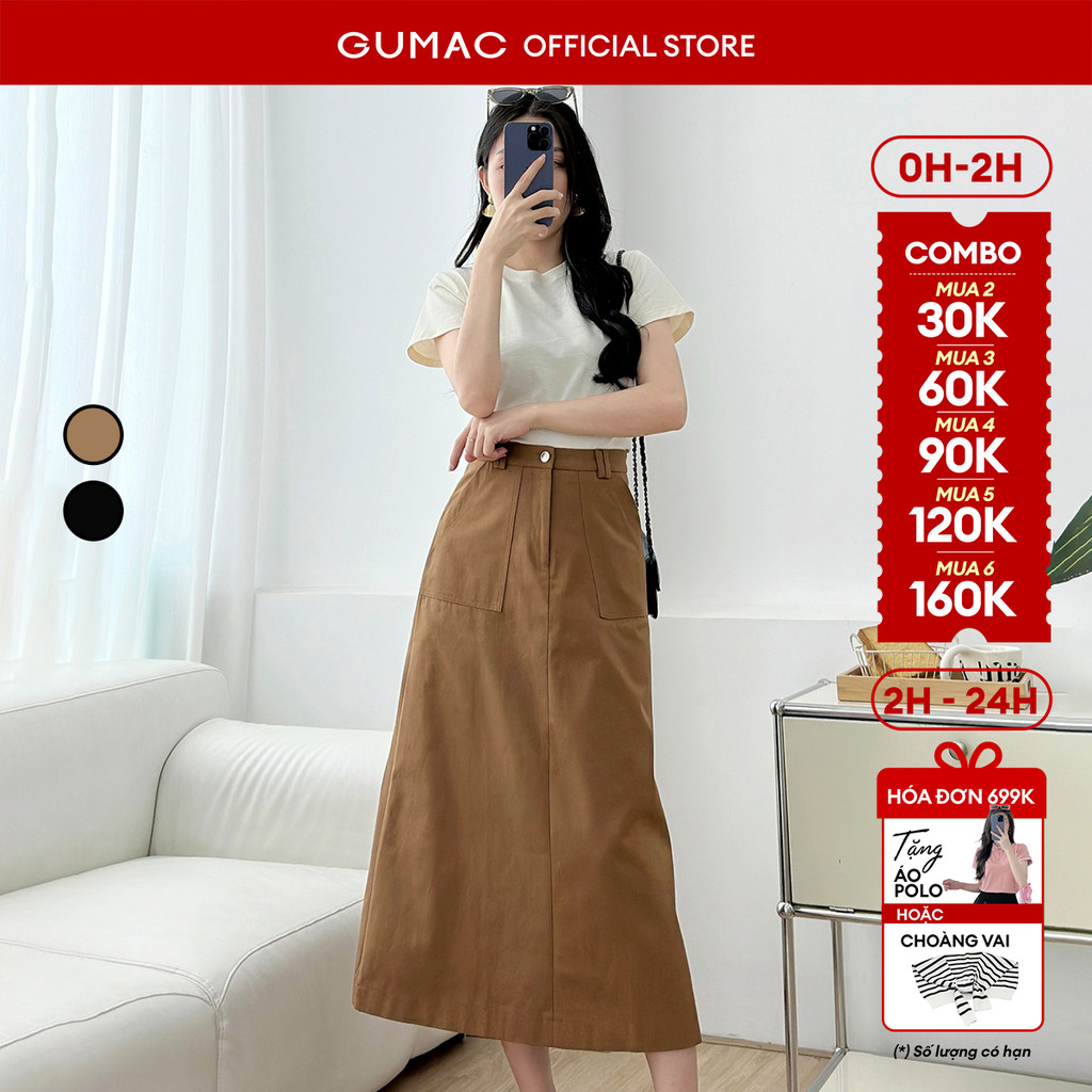 Chân váy nữ Gmorning - GUMAC A midi túi vuông kaki dày dặn màu nâu dễ phối  YVF04060