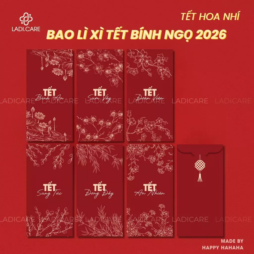 Set Bao Lì Xì Tết Bính Ngọ 2026 – Mẫu Thiết Kế Độc Quyền Hoa Nhí, Xuân Ánh Nguyệt, Giấy C150 Dày Cán