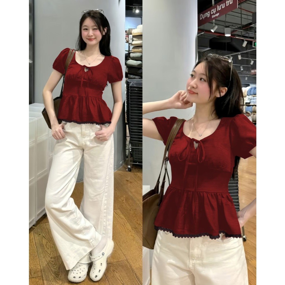 Áo kiểu buộc dây bo eo tay bồng pha ren cá tính  - A68
