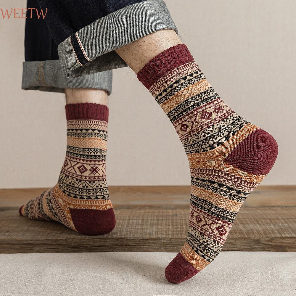 WEETW 5 Đôi Tất Cotton Nam, Tuyết Giữa Bắp Chân Dày Tất Mùa Đông, Mềm Mại Ấm Áp Phong Cách Bắc Âu Giáng Sinh Ống Len Tất Thu Đông
