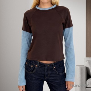 Áo thun nữ dài tay thiết kế crop-top cổ tròn hai phần, phù hợp mặc hàng ngày tại văn phòng