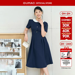 Đầm nữ GUMAC A xòe xanh đen thiết kế cổ bâu trắng có túi công sở đi chơi  LDE0821