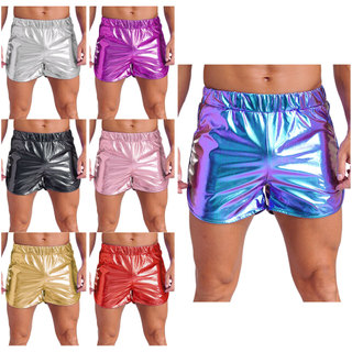 Yhong Nam Kim Loại Sáng Bóng Booty Quần Short Co Giãn Eo Bên Túi Slim Fit Quần Short Nóng Cho Thể Hình Hộp Đêm Yoga