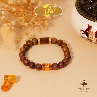 Vòng tay trầm hương ĐTV 10K mix Om mani Trầm Hương Yên Lộc THYL121 (Mua một, tặng một Hộp Gấm, dây dự phòng, 2 hạt trầm)
