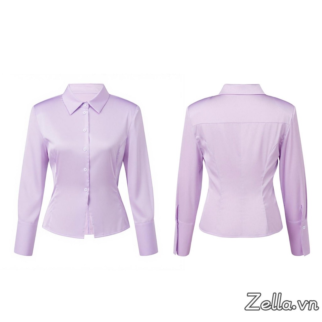Áo Sơ Mi Nữ Tay Dài Cổ Áo Nút Xuống Màu Trơn Slim Fit Áo Sơ Mi