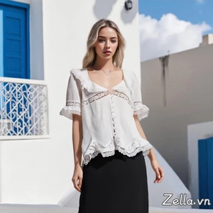 Áo Sơ Mi Nữ Tay Ngắn Ren Viền Xù Nút Cổ Chữ V Áo Rời Mùa Hè Áo Thường Ngày