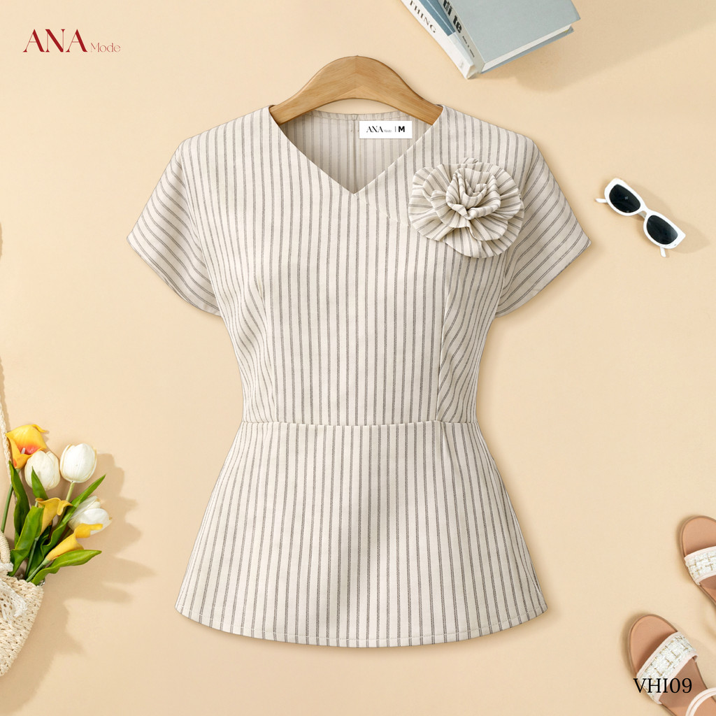 Áo Kiểu Peplum Trung Niên ANA Mode Chất Liệu Linen sọc Trang Nhã Đi Tiệc Quà Tặng Mẹ AK25VHI09