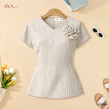 Áo Kiểu Peplum Trung Niên ANA Mode Chất Liệu Linen sọc Trang Nhã Đi Tiệc Quà Tặng Mẹ AK25VHI09