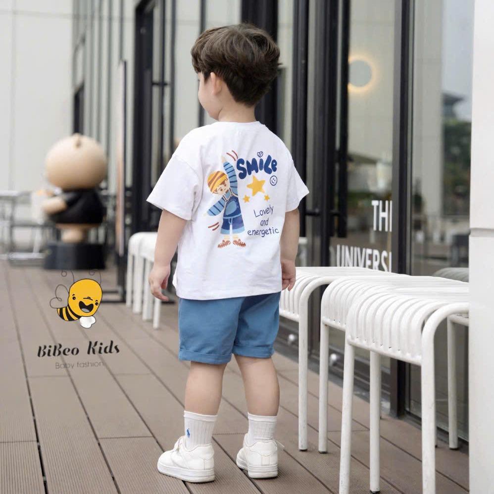 Bộ quần áo SMILE LOVELY QUẦN BÒ XANH  cho bé trai , Quần BÒ  áo chất COTTON mềm thoải mái cho bé