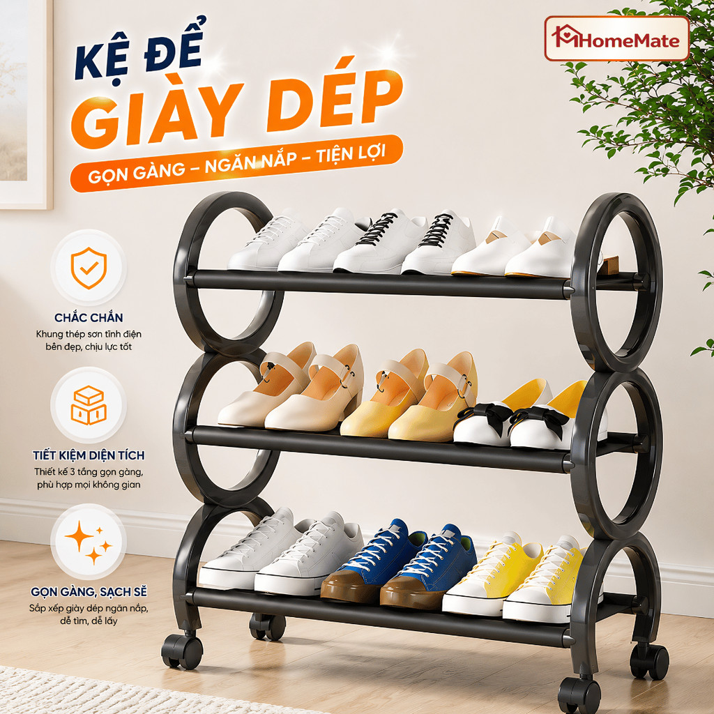 Kệ Để Giày Dép Thông Minh HomeMate Có Bánh Xe – Kệ 3 Tầng Khung Thép Carbon Chịu Lực, Di Chuyển 360° Tiện Lợi