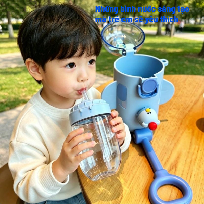 Bình nước hình máy bay cho trẻ em, làm từ chất liệu PC an toàn, chống rò rỉ, thiết kế thời trang.