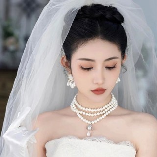 Vòng cổ tua rua nhiều lớp ngọc trai 1 mảnh có khí chất cổ điển và cảm giác cao cấp, phụ kiện cô dâu