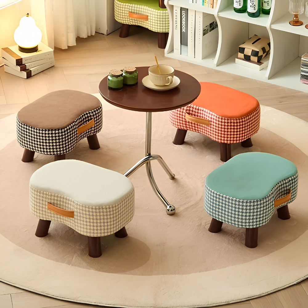 Ghế Đôn Sofa Thấp Chân Gỗ Bọc Vải Caro DINO – Ghế Ngồi Mini Decor Phòng Khách, Phòng Ngủ Dễ Thương