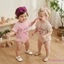 Bộ áo liền quần ngắn tay thêu chữ mùa hè cho bé gái kèm băng đô
