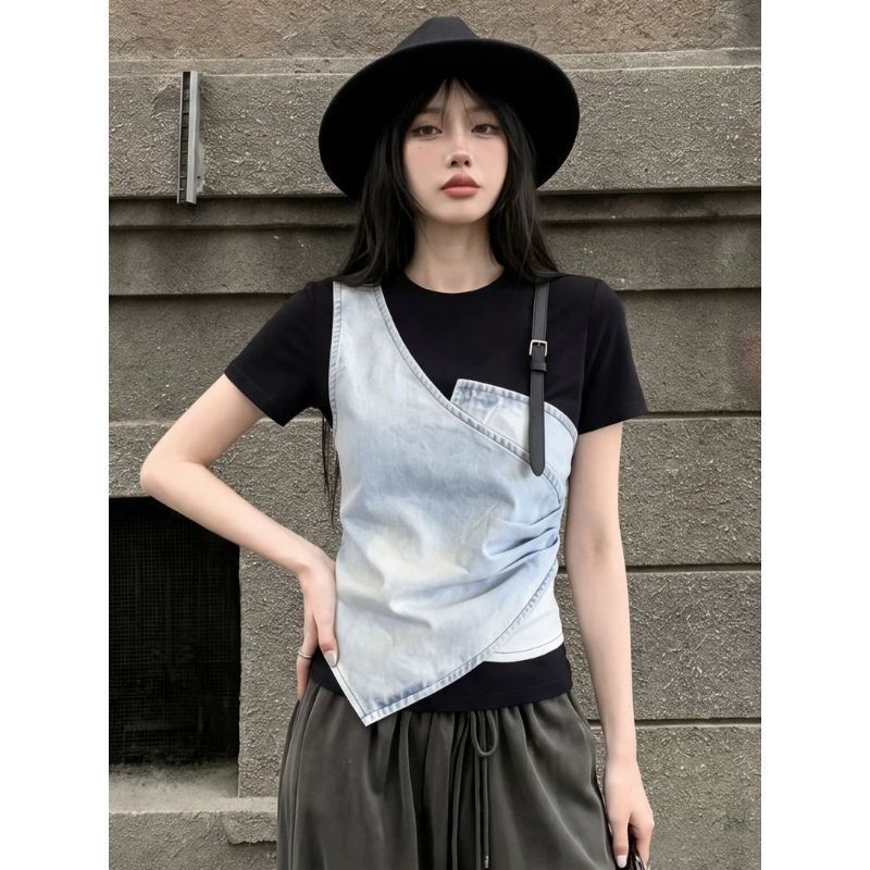 [Khuyến mãi trong thời gian có hạn] Áo thun Denim hai mảnh giả thiết kế cảm giác sang trọng ngắn hàng đầu dành cho nữ