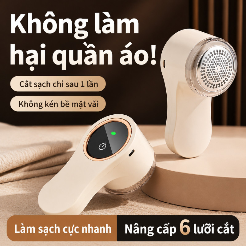 Máy Cắt Lông Xù Cầm Tay Sạc Điện – Nâng Cấp 6 Lưỡi, Màn Hình LED, Cắt Sạch Xơ Vải, Tặng Lưỡi Thay Thế