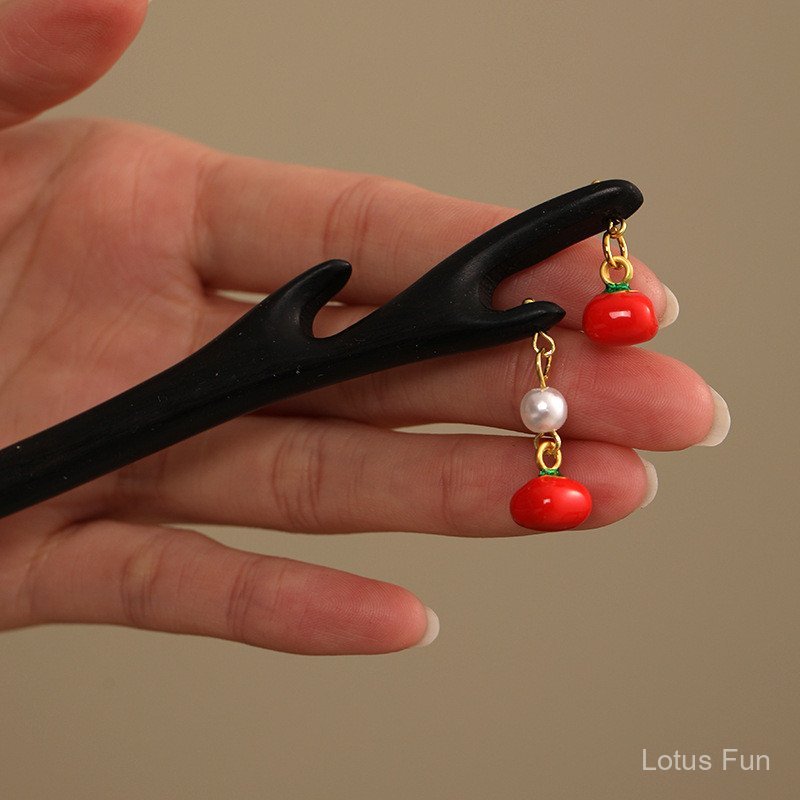 Wan Persimmon Ruyi - Kẹp tóc và mặt dây chuyền hồng làm từ gỗ đàn hương, phụ kiện tóc cổ điển cho hanfu