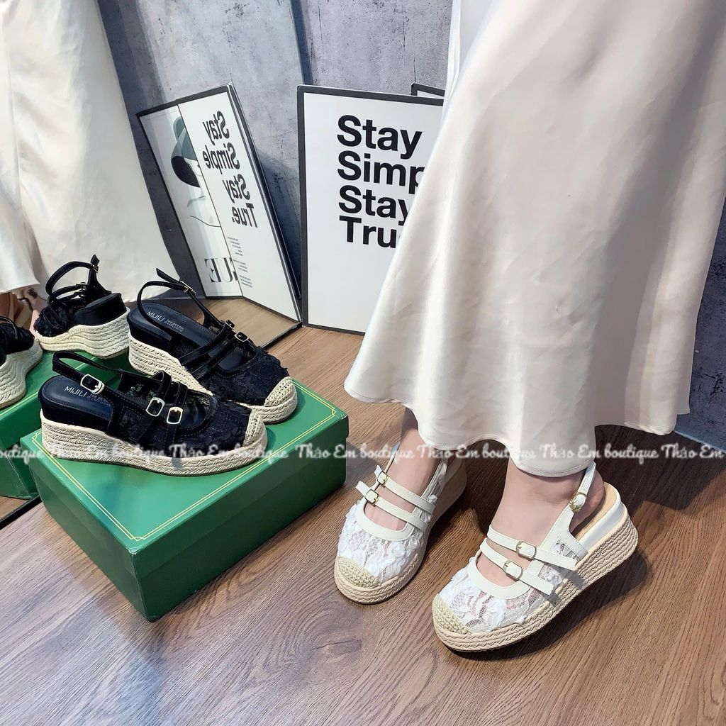 [Thảo Em - XD78-5] Sandal xuồng nữ quai hậu ren lưới đế cao su non giả cói 7cm mẫu mới