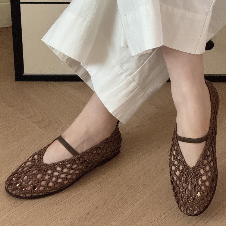 3 Màu Size Lớn 35-40 Tất Cả Trận Đấu Rỗng Tay Dệt Sandal Nữ Dây Đeo Phẳng Ngón Chân Tròn Bằng Da Thật Nông Miệng Mary Jane Giày R2AO